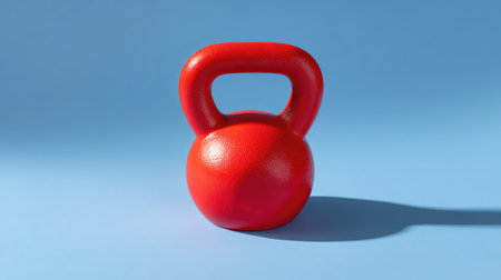 A striking red kettlebell sits on a soft blue background, symbolizing strength training and fitness. Ideal for gym, workout, training, and health-related themes.の素材