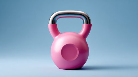 A vibrant pink kettlebell stands alone against a soothing blue background, perfect for promoting fitness, strength training, and a healthy lifestyle in workout settings.の素材