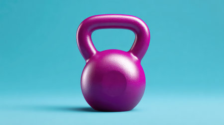 A striking purple kettlebell stands prominently against a soothing blue backdrop. Ideal for promoting fitness, strength training, and home workout themes.の素材