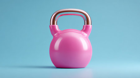 A vibrant pink kettlebell sits against a soft blue background, symbolizing energy and motivation in fitness. Ideal for promoting workout routines and healthy lifestyles.の素材