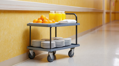 A food delivery cart featuring fresh oranges and drinks is displayed in a hospital hallway, representing service and care in a healthcare environment, focused on nutrition and wellness.の素材