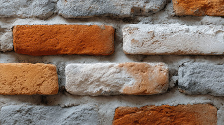 This image features a close-up view of a textured wall made of orange and gray bricks, showcasing natural variations and unique patterns that add depth to design projects.の素材