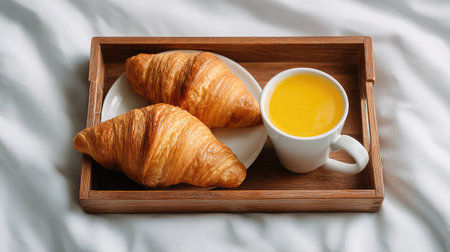 A warm and inviting scene featuring freshly baked croissants paired with a bright orange drink, perfectly presented on a wooden tray for a delightful morning experience.の素材