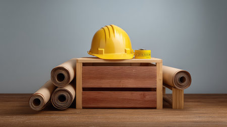 A safety helmet rests on a wooden crate alongside rolled blueprints, symbolizing preparation and safety in construction and renovation industries.の素材