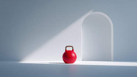 A striking red kettlebell stands alone in a minimalist setting, enhanced by soft natural light streaming through an architectural arch. Perfect for fitness-themed projects.の素材