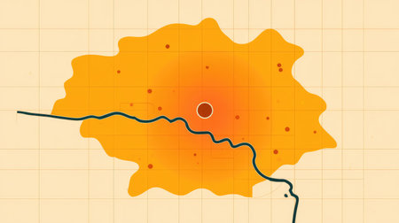 An artistic abstract illustration with warm orange tones and structured grid lines. The design features a flowing river, creating a dynamic and modern visual concept for various uses.の素材