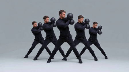 A captivating image of fit men performing kettlebell exercises in a synchronized manner, highlighting strength and coordination in a minimalist studio environment.の素材