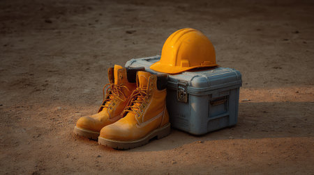 This image features essential construction safety equipment, including a pair of durable yellow boots, a hard hat, and a toolbox, all set in a dusty outdoor environment ideal for industry work.の素材