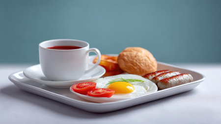 A beautifully arranged breakfast plate featuring a fried egg, grilled sausages, tomato slices, a fluffy croissant, and a cup of hot tea, perfect for a morning boost.の素材