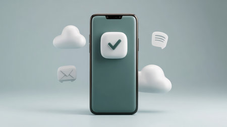 A sleek smartphone displays various app icons, including messaging and cloud symbols. This image highlights digital connectivity in a modern and minimalist setting.の素材