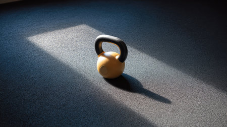 This image features a yellow kettlebell resting on a dark gym floor, bathed in soft sunlight. It captures a moment of tranquility in fitness, perfect for workout inspiration.の素材