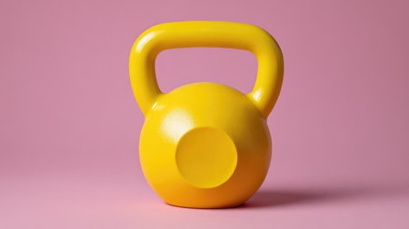 A vibrant yellow kettlebell sits against a soft pink background, perfect for fitness and wellness themes, emphasizing strength training and active lifestyle concepts.の素材