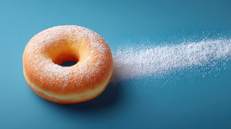 A deliciously appealing donut dusted with powdered sugar, set against a vivid blue background, perfect for enticing viewers in food and dessert photography.の素材