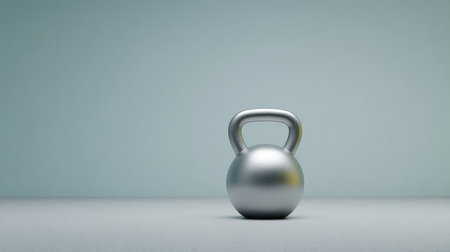 A sleek silver kettlebell sits prominently against a minimalist background, ideal for conveying fitness themes, exercise motivation, and modern workout aesthetics.の素材
