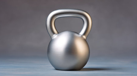 A minimalist silver kettlebell on a soft gray backdrop, perfect for showcasing fitness themes, exercise routines, and strength training concepts in a sleek presentation.の素材