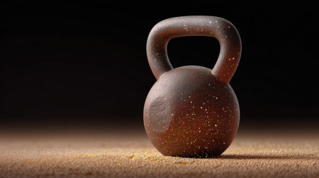 A striking black kettlebell placed on a sand-like surface, designed for fitness enthusiasts seeking imagery that embodies strength, training, and a commitment to health.の素材