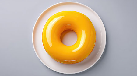An eye-catching bright yellow glazed donut sits elegantly on a white plate against a soft grey background, embodying the perfect sweet treat for any occasion.の素材