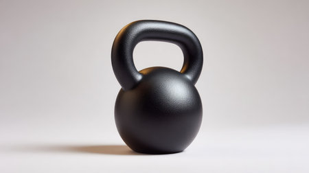 A stylish black kettlebell, isolated on a soft light background, ideal for fitness and strength training concepts, symbolizing a modern approach to health and well-being.の素材