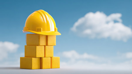 A vibrant yellow hard hat sits atop a stack of yellow building blocks, set against a backdrop of a beautiful blue sky dotted with fluffy clouds, symbolizing safety and creativity.の素材