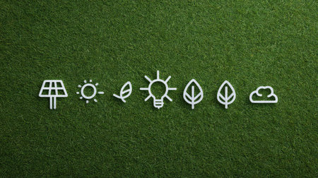 A collection of minimalist icons illustrating renewable energy and nature elements, emphasizing sustainability and environmental awareness against a vibrant green background.の素材