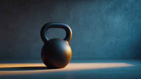 A black kettlebell stands alone on a smooth surface, illuminated by soft lighting. This artistic image embodies fitness, strength, and minimalism, inspiring an active lifestyle.の素材