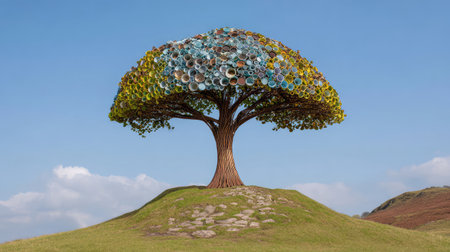 This stunning artistic sculpture features a large tree made from vibrant plates, set on a hill under a clear blue sky, emphasizing creativity and environmental awareness.の素材