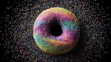 A vividly colored donut with playful sprinkles sits against a dark backdrop, showcasing the joy and creativity found in delightful desserts and tempting treats.の素材