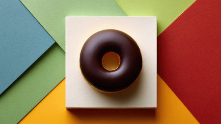 A visually striking chocolate glazed doughnut sits on a minimalist cream background, surrounded by colorful geometric paper sheets, creating a joyful food photography scene.の素材