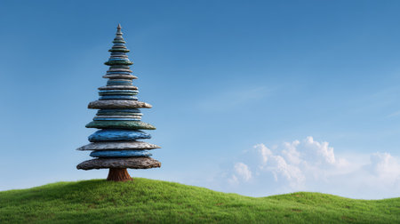 A visually captivating and surreal depiction of a layered tree standing on a vibrant green hill, accentuated by a clear sky and soft clouds, symbolizing creativity and nature's beauty.の素材