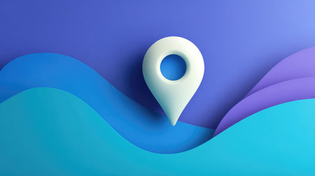 This image showcases a stylized 3D location pin against dynamic blue waves, highlighting themes of navigation and modern technology in a vibrant and abstract setting.の素材