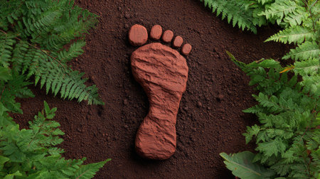 A striking abstract representation of a human footprint made from reddish-brown rock placed on dark soil, surrounded by lush green ferns, highlighting the beauty of nature.の素材