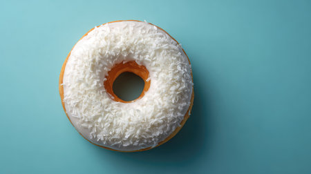 A beautiful doughnut topped with rich coconut flakes rests against a vibrant blue background, perfect for capturing the essence of sweet treats and delectable desserts.の素材