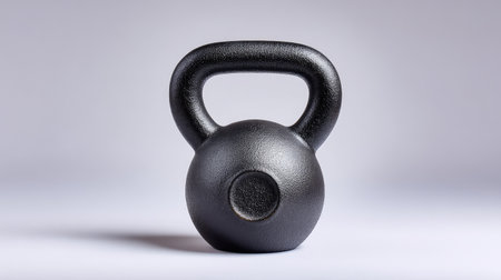 A sleek black kettlebell sits on a clean surface, showcasing its design and texture. Perfect for fitness, weightlifting, and strength training activities at home or gym.の素材