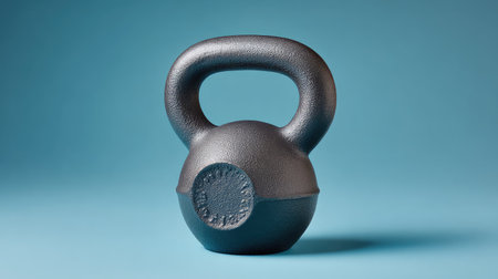 A sleek black kettlebell stands prominently against a vibrant blue background, ideal for promoting fitness and strength training routines in any gym or home workout environment.の素材
