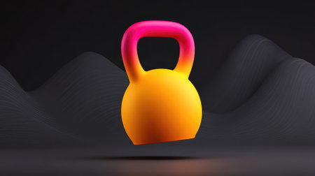 A vivid kettlebell hovers in mid-air, showcasing a modern design with bright colors, perfect for symbolizing strength training and active lifestyles in fitness imagery.の素材