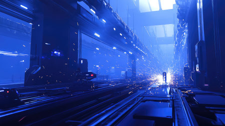 AI-controlled robotic welding system operating in a futuristic smart factory, sparks flying in an automated high-tech environment with copy space.の素材