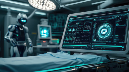 Advanced AI automation in healthcare, robotic surgical assistant in a futuristic operating room, medical technology innovation with copy space.の素材