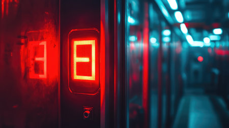 Close-up of factory emergency exit door with clear signage, illuminated by safety lights, with an organized industrial background and copy space.の素材