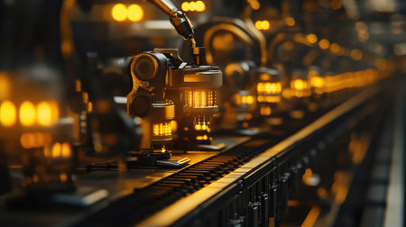 Automated systems and robotics performing synchronized tasks in a smart factory, digital interfaces, and glowing lights illuminating the production line with ample copy space.の素材