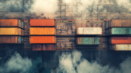 Top view of a highway with multiple freight trucks driving, cargo loaded on the trucks, and plenty of space in the sky for copy space.の素材