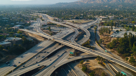 An aerial view of a busy highway interchange, with multiple lanes and roads intersecting, leaving space for text above.の素材