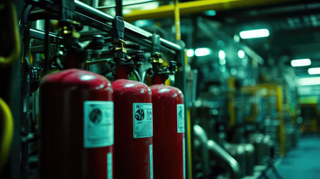 Close-up of factory safety tools and equipment, including fire extinguishers, emergency shutoff switches, and warning signs in a well-lit industrial environment with copy space.の素材