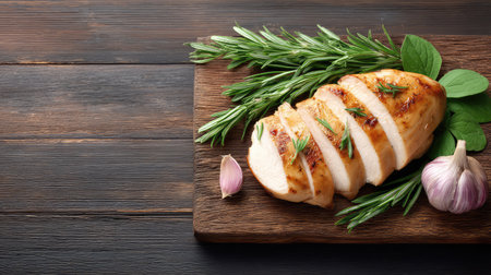 Sliced grilled chicken breast arranged on wooden board with herbs and garlic cloves, natural tone with spaceの素材