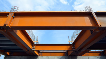 Modern steel bridge under construction, showcasing structural engineering with massive metal beams and intricate support systems. A symbol of architectural progress.の素材