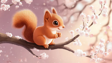 Adorable squirrel sitting on a tree branch with small blossoms, natural and warm copy space.の素材