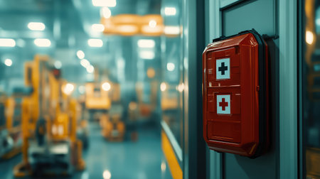 Close-up of factory floor first aid kit, mounted on the wall near a machine, with emergency signage in the background and space for safety-related text.の素材