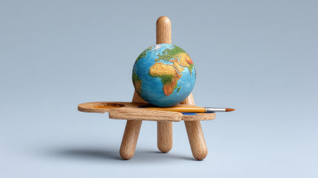 Miniature Earth sitting on an artist's palette, symbolizing creativity and global solutions with clean backgroundの素材