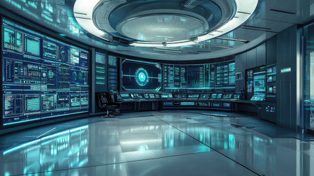 Factory control room with illuminated digital panels, large LED displays, and futuristic technology. A clean and organized workspace designed for monitoring production processes.の素材