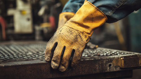 Close-up of a factory worker's protective gloves on a metal surface, with factory tools and machinery in the background, emphasizing safety and copy space.の素材