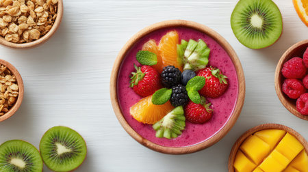 Healthy breakfast setup with smoothie bowl, fruits, and granola on a white table, suggesting clean eating lifestyle with spaceの素材